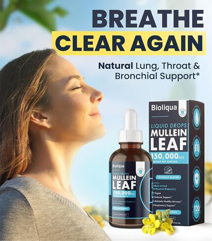 Bioliqua Mullein Drops for Lungs - High Strength of 150,000mg per 4fl oz Tincture - 120 Servings at 1,250mg per Dose - Lung Detox & Bronchial Cleanse - Coconut Flavour in Saudi Arabia