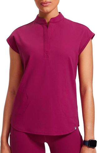 4-Way Stretch Scrub Tops for Women - 2 Pockets Mandarin Collar Shirttail Hem Medical Work Scrub Shirts in Saudi Arabia