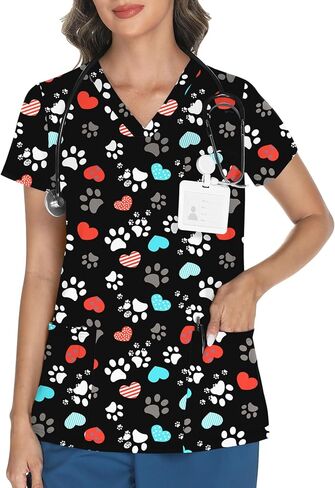 Lomon Scrubs for Women v Neck Princed Scrub Tops Soft Knit Nurse Usifor in Kuwait