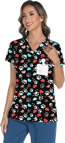 Lomon Scrubs for Women v Neck Princed Scrub Tops Soft Knit Nurse Usifor in Kuwait