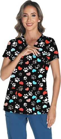 Lomon Scrubs for Women v Neck Princed Scrub Tops Soft Knit Nurse Usifor in Kuwait