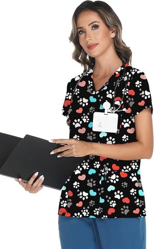Lomon Scrubs for Women v Neck Princed Scrub Tops Soft Knit Nurse Usifor in Kuwait