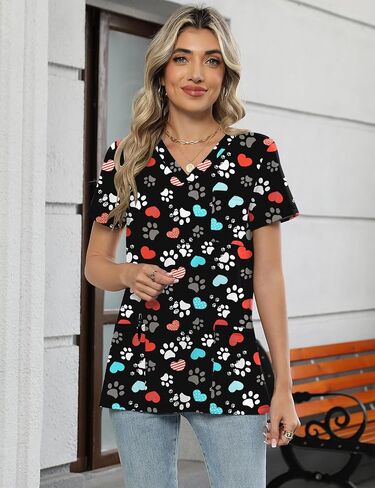 Lomon Scrubs for Women v Neck Princed Scrub Tops Soft Knit Nurse Usifor in Kuwait