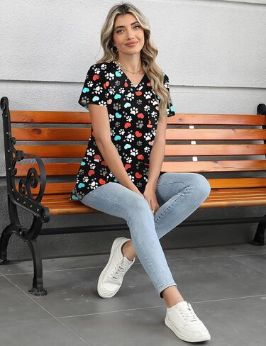 Lomon Scrubs for Women v Neck Princed Scrub Tops Soft Knit Nurse Usifor in Kuwait