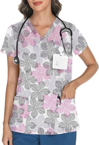 Lomon Scrubs for Women v Neck Princed Scrub Tops Soft Knit Nurse Usifor in Kuwait