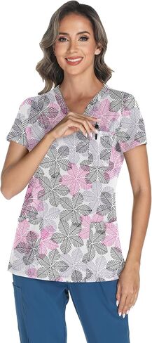 Lomon Scrubs for Women v Neck Princed Scrub Tops Soft Knit Nurse Usifor in Kuwait
