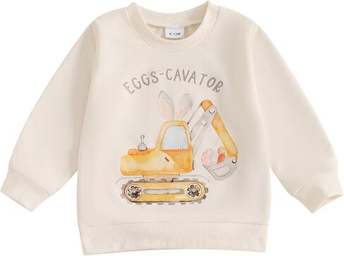 Kids Toddler Baby Boy Easter Outfit Long Sleeve CrewNeck Eggs-cavator Print Pullover Sweatshirt Infant Spring Clothes in Saudi Arabia