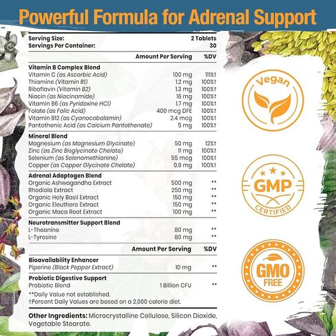 Adrenal Support Adaptogens Herbs Supplements - Cortisol Supplement with Rhodiola Rosea, Ashwagandha, Holy Basil and Eleuthero-Mood and Energy Support for Women & Men-Non-GMO, 60 Vegan Tablets in Saudi Arabia