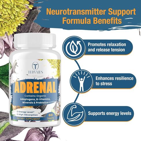 Adrenal Support Adaptogens Herbs Supplements - Cortisol Supplement with Rhodiola Rosea, Ashwagandha, Holy Basil and Eleuthero-Mood and Energy Support for Women & Men-Non-GMO, 60 Vegan Tablets in Saudi Arabia