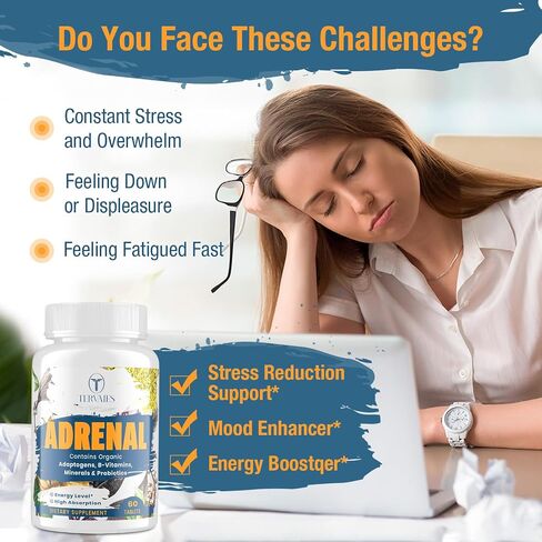 Adrenal Support Adaptogens Herbs Supplements - Cortisol Supplement with Rhodiola Rosea, Ashwagandha, Holy Basil and Eleuthero-Mood and Energy Support for Women & Men-Non-GMO, 60 Vegan Tablets in Saudi Arabia