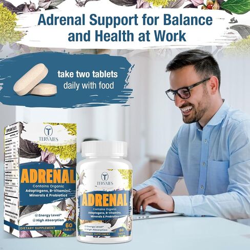 Adrenal Support Adaptogens Herbs Supplements - Cortisol Supplement with Rhodiola Rosea, Ashwagandha, Holy Basil and Eleuthero-Mood and Energy Support for Women & Men-Non-GMO, 60 Vegan Tablets in Saudi Arabia
