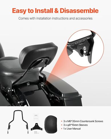VEVOR Motorcycle Backrest Sissy Bar, Compatible With Harley-Davidson Touring Street Glide Road Glide Road King, 16 inch Height Detachable Passenger Backrest, For Motorcycles, Black in Saudi Arabia