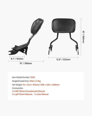VEVOR Motorcycle Backrest Sissy Bar, Compatible With Harley-Davidson Touring Street Glide Road Glide Road King, 16 inch Height Detachable Passenger Backrest, For Motorcycles, Black in Saudi Arabia