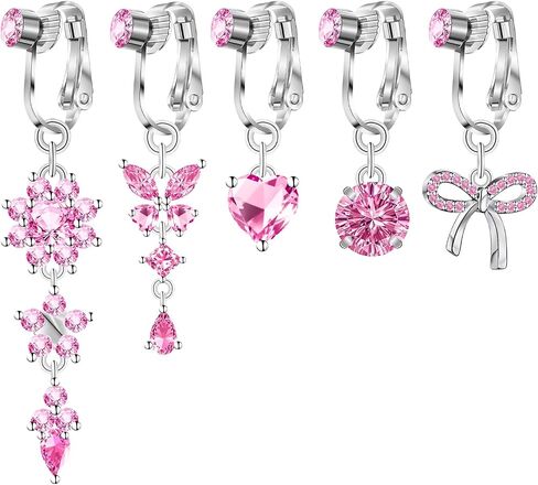 Fake Belly Button Piercing for Women Clip on Belly Button Rings Gold Plated Pink Round Heart Cubic Zirconia Butterfly Flower Bow Fake Belly Piercing Fake Belly Ring in Saudi Arabia