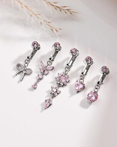 Fake Belly Button Piercing for Women Clip on Belly Button Rings Gold Plated Pink Round Heart Cubic Zirconia Butterfly Flower Bow Fake Belly Piercing Fake Belly Ring in Saudi Arabia
