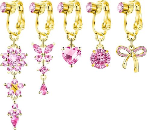 Fake Belly Button Piercing for Women Clip on Belly Button Rings Gold Plated Pink Round Heart Cubic Zirconia Butterfly Flower Bow Fake Belly Piercing Fake Belly Ring in Saudi Arabia