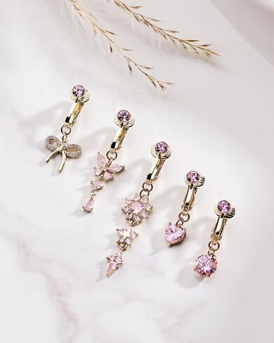 Fake Belly Button Piercing for Women Clip on Belly Button Rings Gold Plated Pink Round Heart Cubic Zirconia Butterfly Flower Bow Fake Belly Piercing Fake Belly Ring in Saudi Arabia