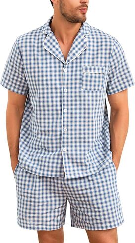 Marvmys Mens 100 ٪ Cotton Pajama Set Sleepwear Short Set Button Button Down Lounge Set Plaid Pajamas S-3XL in Kuwait