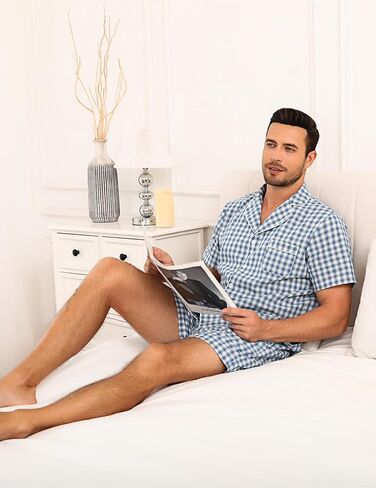 Marvmys Mens 100 ٪ Cotton Pajama Set Sleepwear Short Set Button Button Down Lounge Set Plaid Pajamas S-3XL in Kuwait