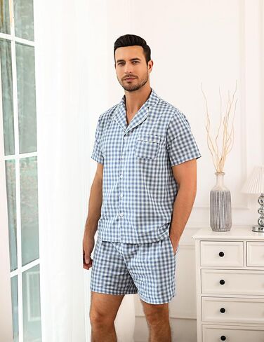 Marvmys Mens 100 ٪ Cotton Pajama Set Sleepwear Short Set Button Button Down Lounge Set Plaid Pajamas S-3XL in Kuwait