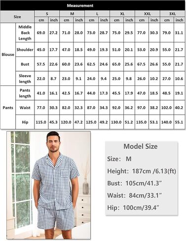 Marvmys Mens 100 ٪ Cotton Pajama Set Sleepwear Short Set Button Button Down Lounge Set Plaid Pajamas S-3XL in Kuwait