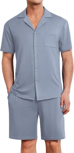 Ekouaer Mens Pajamas مجموعة قصيرة الأكمام زر النوم أسفل لينة صالة الملابس 2 قطعة PJ مجموعات مع جيوب in Kuwait