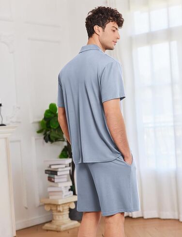 Ekouaer Mens Pajamas مجموعة قصيرة الأكمام زر النوم أسفل لينة صالة الملابس 2 قطعة PJ مجموعات مع جيوب in Kuwait