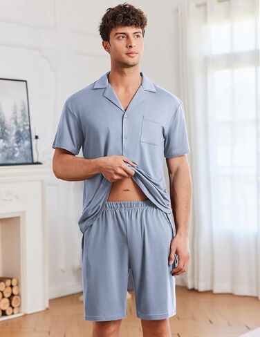 Ekouaer Mens Pajamas مجموعة قصيرة الأكمام زر النوم أسفل لينة صالة الملابس 2 قطعة PJ مجموعات مع جيوب in Kuwait