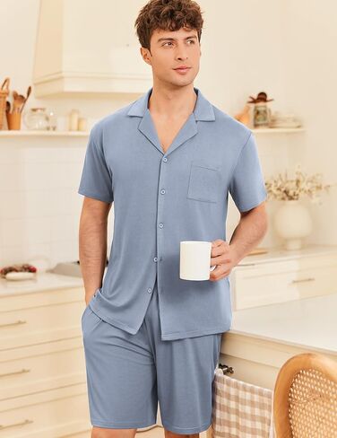 Ekouaer Mens Pajamas مجموعة قصيرة الأكمام زر النوم أسفل لينة صالة الملابس 2 قطعة PJ مجموعات مع جيوب in Kuwait