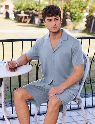 Ekouaer Mens Pajamas مجموعة قصيرة الأكمام زر النوم أسفل لينة صالة الملابس 2 قطعة PJ مجموعات مع جيوب in Kuwait