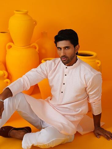 Sojanya (Since 1958 Men'S Silk Bend Krochet Thread Embroidered Kurta With White Pyjama in Saudi Arabia