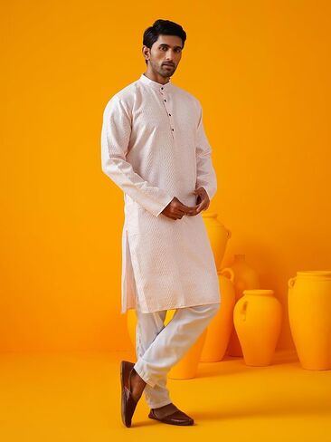 Sojanya (Since 1958 Men'S Silk Bend Krochet Thread Embroidered Kurta With White Pyjama in Saudi Arabia