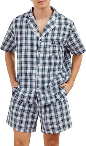 Marvmys Mens 100 ٪ Cotton Pajama Set Sleepwear Short Set Button Button Down Lounge Set Plaid Pajamas S-3XL in Kuwait