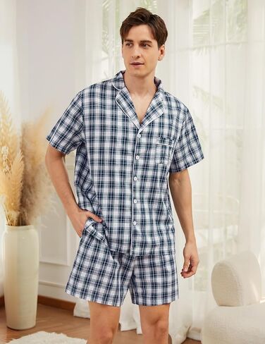 Marvmys Mens 100 ٪ Cotton Pajama Set Sleepwear Short Set Button Button Down Lounge Set Plaid Pajamas S-3XL in Kuwait