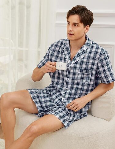 Marvmys Mens 100 ٪ Cotton Pajama Set Sleepwear Short Set Button Button Down Lounge Set Plaid Pajamas S-3XL in Kuwait