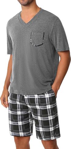 Sykooria Mens Cotton Pajamas Set 2 Piece Soft Sleepwear Short Sleeve Top & Plaid Shorts With Pockets in Saudi Arabia