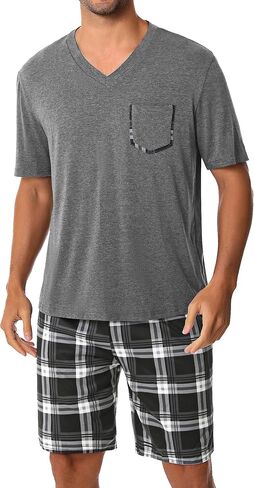 Sykooria Mens Cotton Pajamas Set 2 Piece Soft Sleepwear Short Sleeve Top & Plaid Shorts With Pockets in Saudi Arabia
