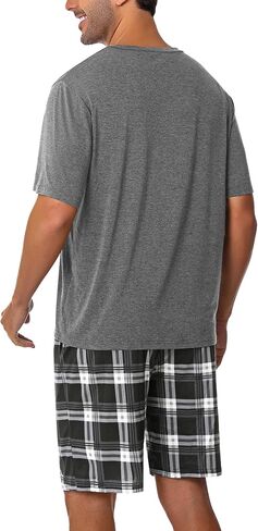 Sykooria Mens Cotton Pajamas Set 2 Piece Soft Sleepwear Short Sleeve Top & Plaid Shorts With Pockets in Saudi Arabia