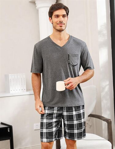 Sykooria Mens Cotton Pajamas Set 2 Piece Soft Sleepwear Short Sleeve Top & Plaid Shorts With Pockets in Saudi Arabia