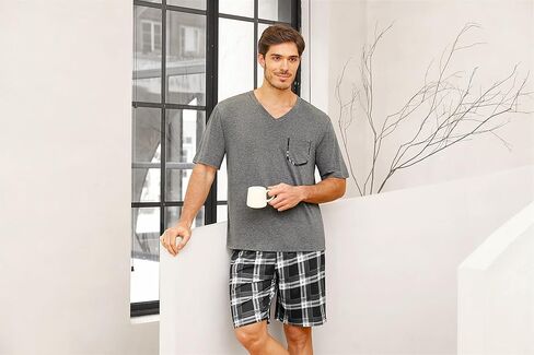 Sykooria Mens Cotton Pajamas Set 2 Piece Soft Sleepwear Short Sleeve Top & Plaid Shorts With Pockets in Saudi Arabia