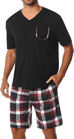 Sykooria Mens Cotton Pajamas Set 2 Piece Soft Sleepwear Short Sleeve Top & Plaid Shorts With Pockets in Kuwait