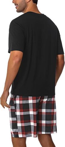 Sykooria Mens Cotton Pajamas Set 2 Piece Soft Sleepwear Short Sleeve Top & Plaid Shorts With Pockets in Kuwait