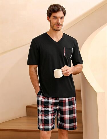 Sykooria Mens Cotton Pajamas Set 2 Piece Soft Sleepwear Short Sleeve Top & Plaid Shorts With Pockets in Kuwait