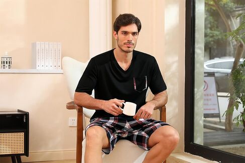 Sykooria Mens Cotton Pajamas Set 2 Piece Soft Sleepwear Short Sleeve Top & Plaid Shorts With Pockets in Kuwait