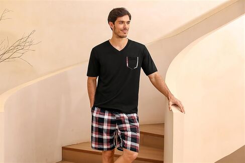 Sykooria Mens Cotton Pajamas Set 2 Piece Soft Sleepwear Short Sleeve Top & Plaid Shorts With Pockets in Kuwait