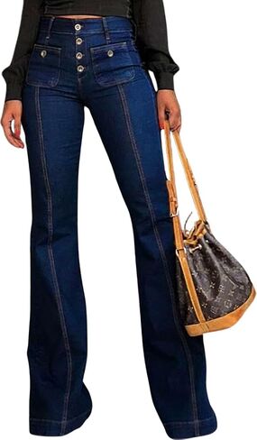 Yoeasy Women's Flare Bell Bottom High Weist Jeans Vintage Stretch Bootcut Denim Brourous مع جيب in Saudi Arabia