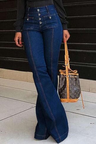 Yoeasy Women's Flare Bell Bottom High Weist Jeans Vintage Stretch Bootcut Denim Brourous مع جيب in Saudi Arabia