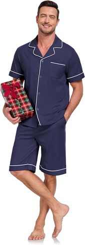 COLORFULLEAF 100% Cotton Men's Pajamas Set Short Sleeve Sleepwear for Men Soft Button Down Loungewear with Pockets in Kuwait