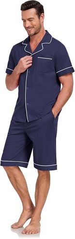 COLORFULLEAF 100% Cotton Men's Pajamas Set Short Sleeve Sleepwear for Men Soft Button Down Loungewear with Pockets in Kuwait
