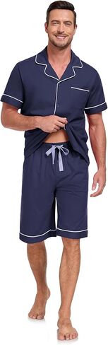 COLORFULLEAF 100% Cotton Men's Pajamas Set Short Sleeve Sleepwear for Men Soft Button Down Loungewear with Pockets in Kuwait